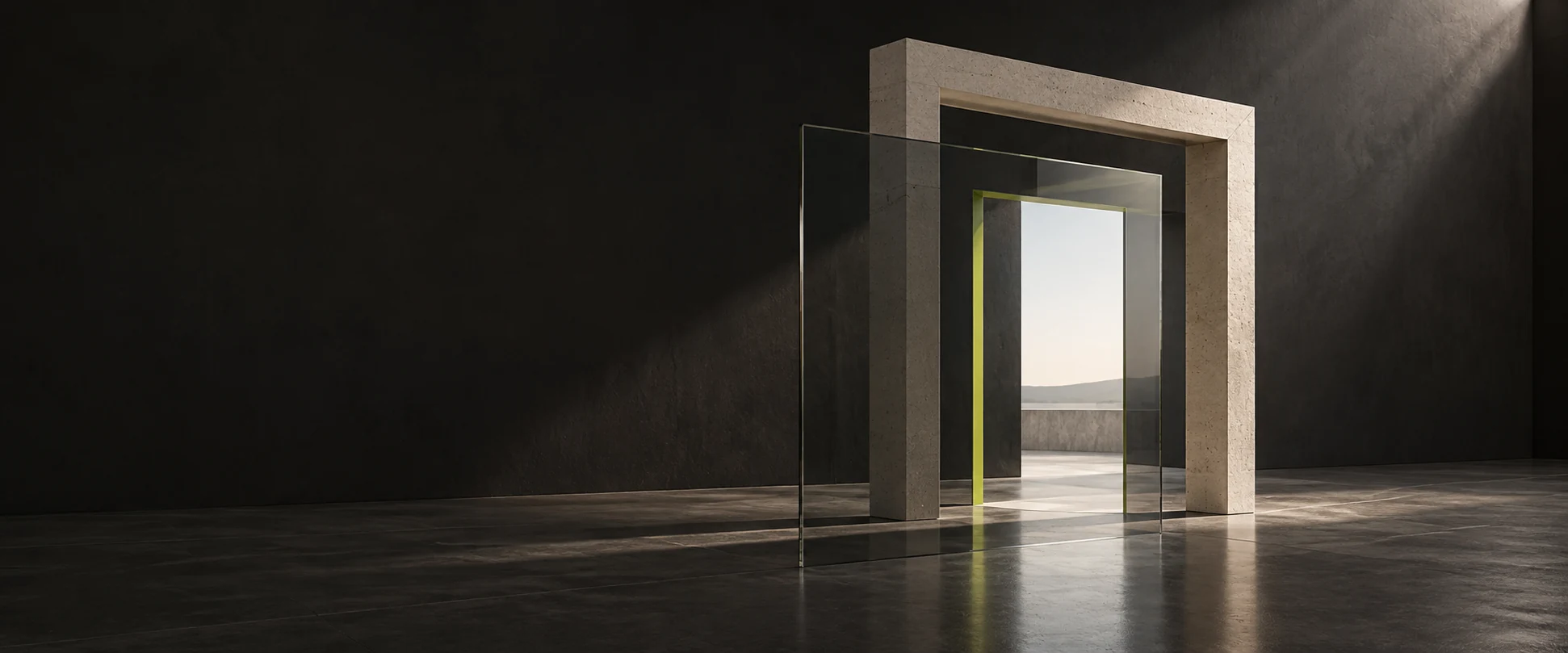Composição conceptual WIDECREATION: molduras de pedra marfim e vidro translúcido alinham-se em torno de um contorno verde-lima e de uma abertura para a luz natural.